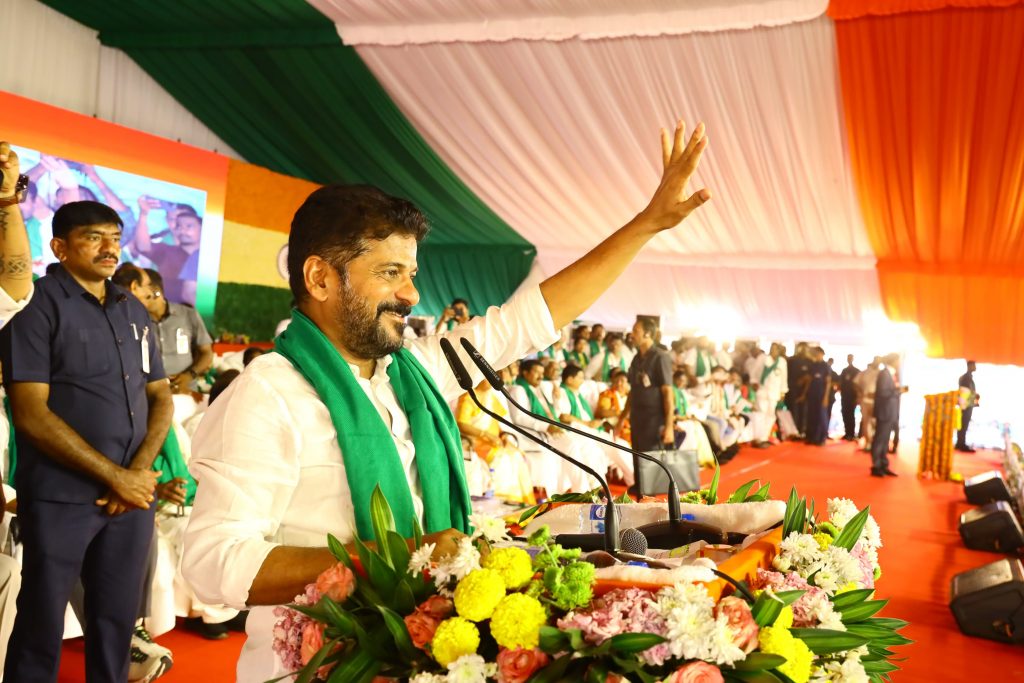 Cm Sri Revanth Reddy Addressing The Gathering At A Public Meeting In Wyra